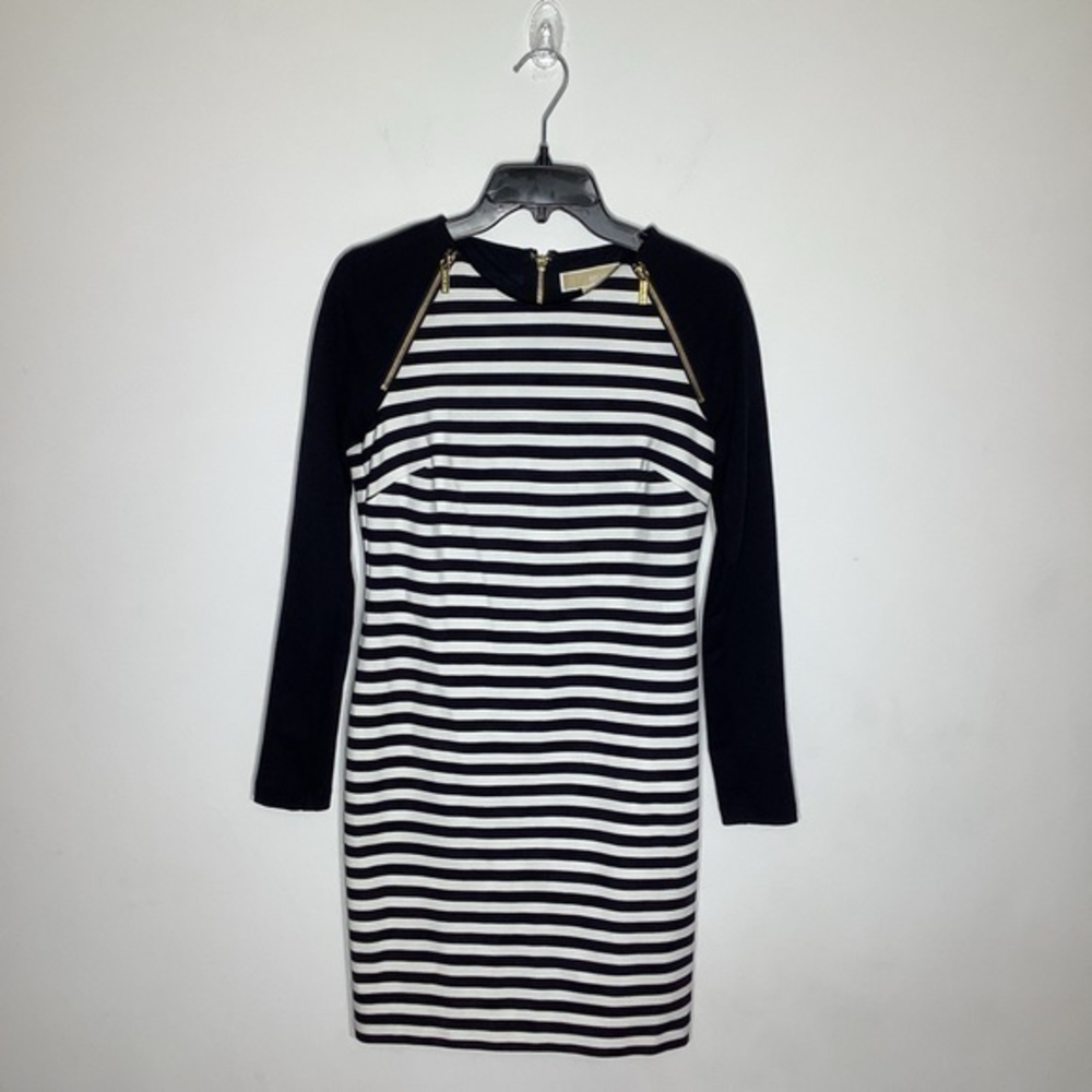 Michael Kors Womens Navy and White Striped Dress With Gold Zippers Sz 0‎